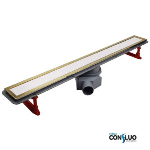 Душевой лоток Pestan Confluo Premium Line White Glass Gold 300, с грязеуловителем, 12*30 см, матовый хром/золото (13100119)