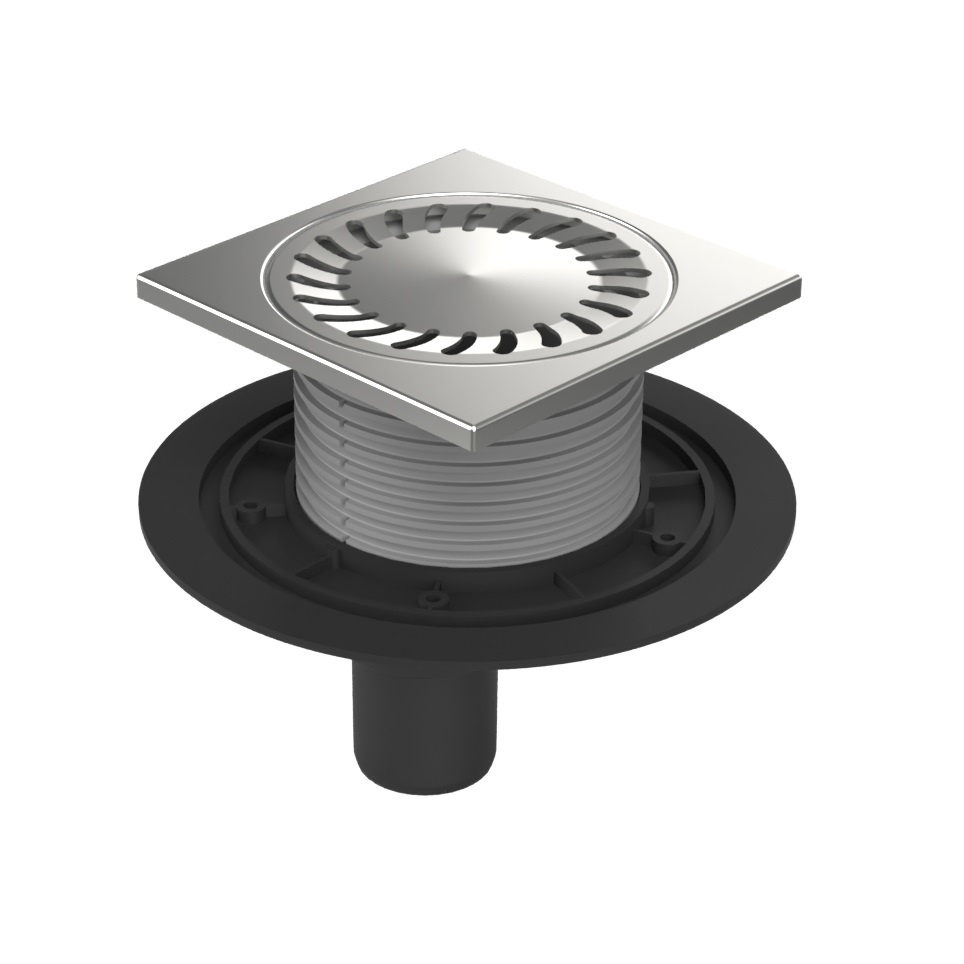 Душевой трап AZARIO DN50 15х15см, пластиковый, вертикальный слив, универсальный, решетка из нержавеющей стали (AZ-384 E)